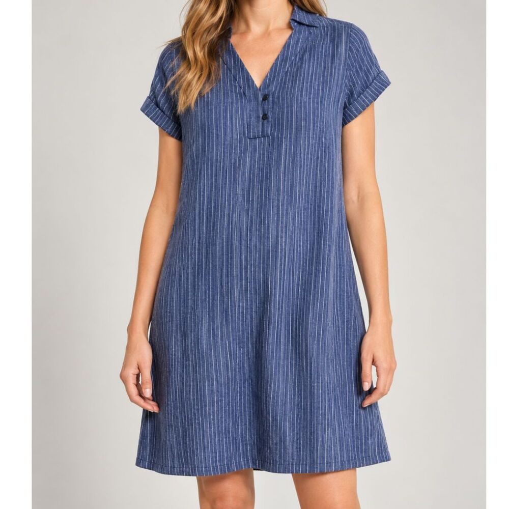 Nic+Zoe Striped Linen Blend Short Sleeve Shirt Dress Blue Size Small